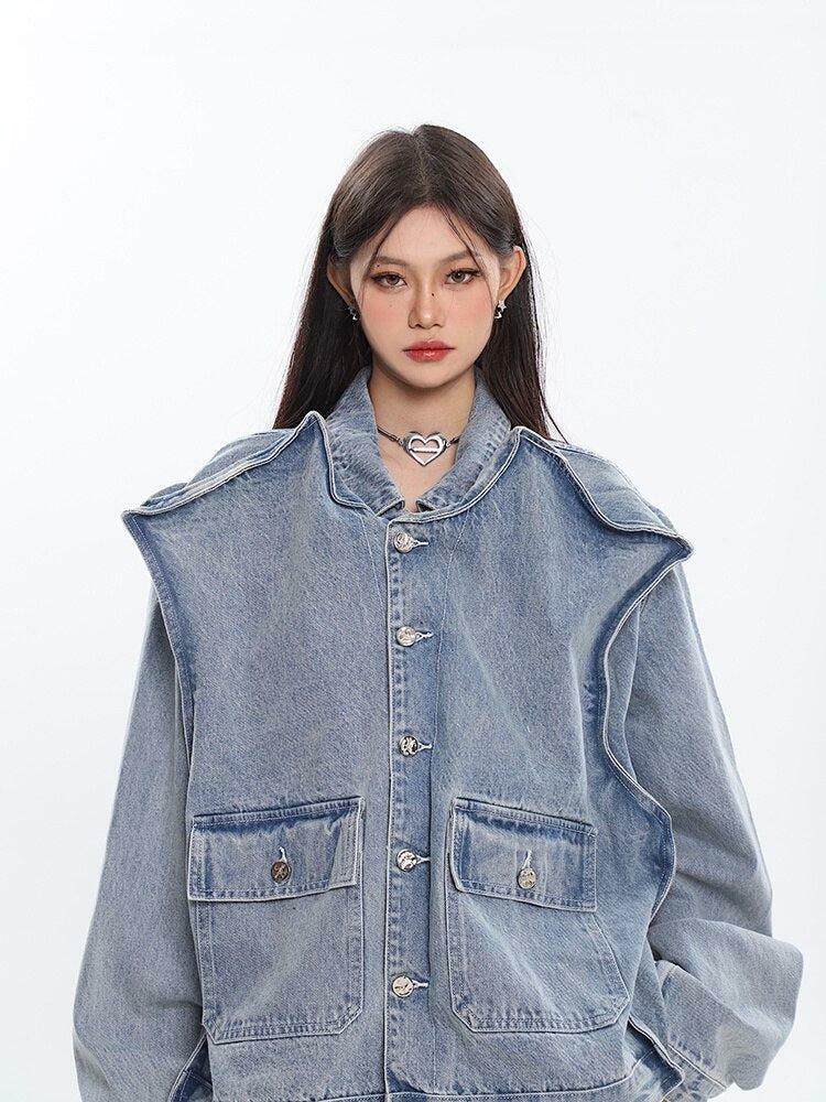 Asymmetric Design Denim Jacket - Trendy Y2K Fashion Statement Piece