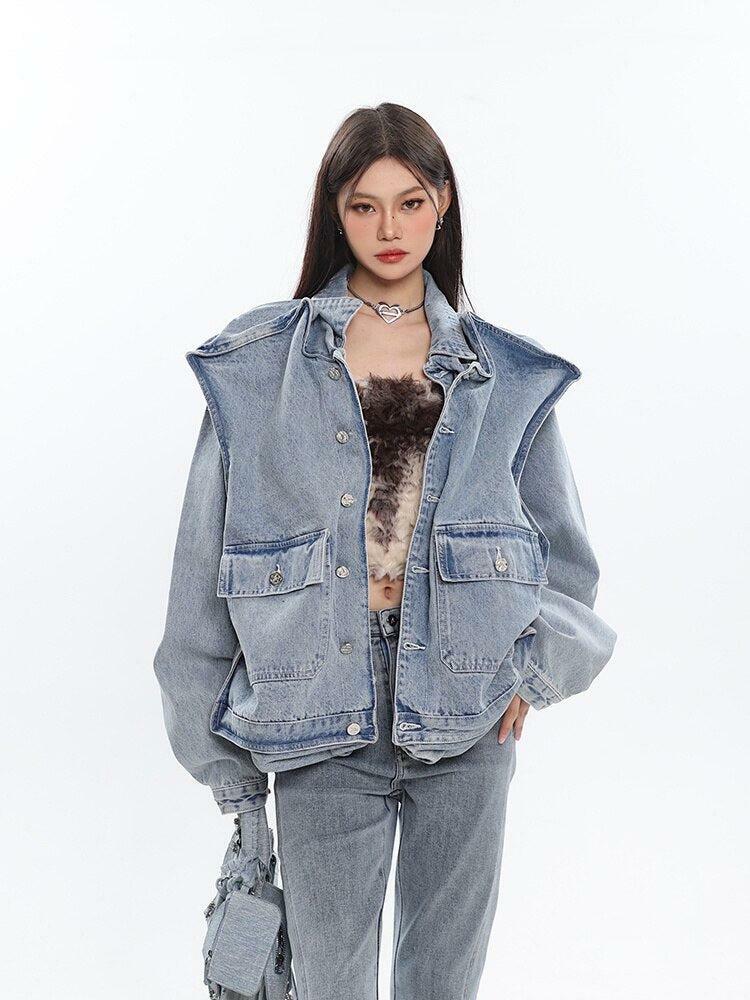 Asymmetric Design Denim Jacket - Trendy Y2K Fashion Statement Piece