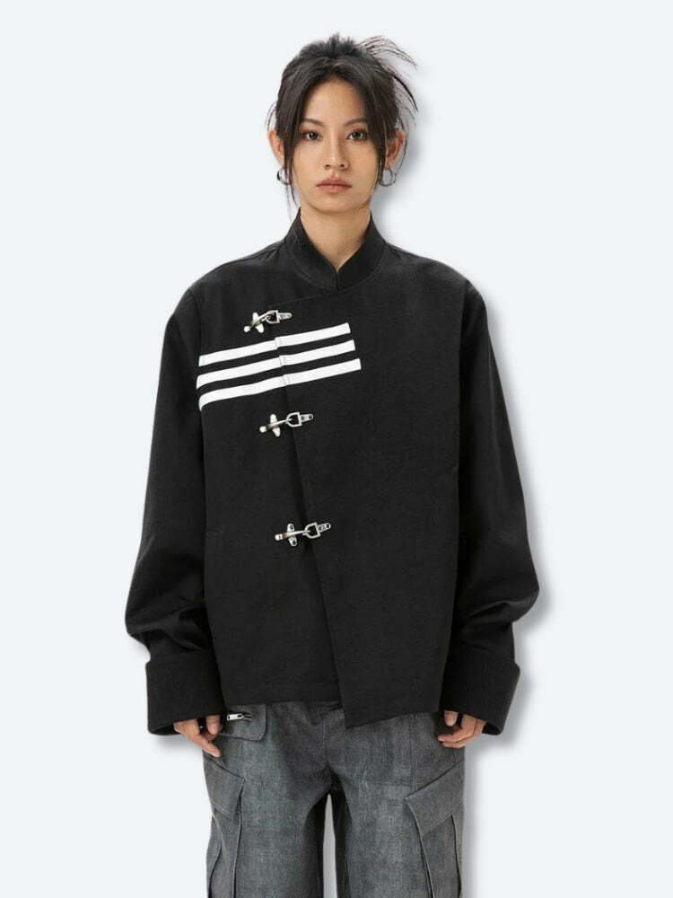 Asymmetric Frog Button Jacket - Trendy Y2K Fashion Statement Piece