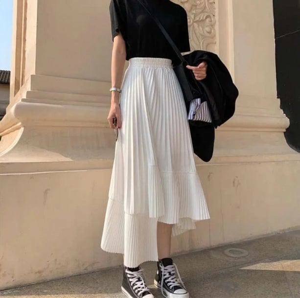 Asymmetric Seashell Pleated Midi Skirt - Y2K Fashion Essential