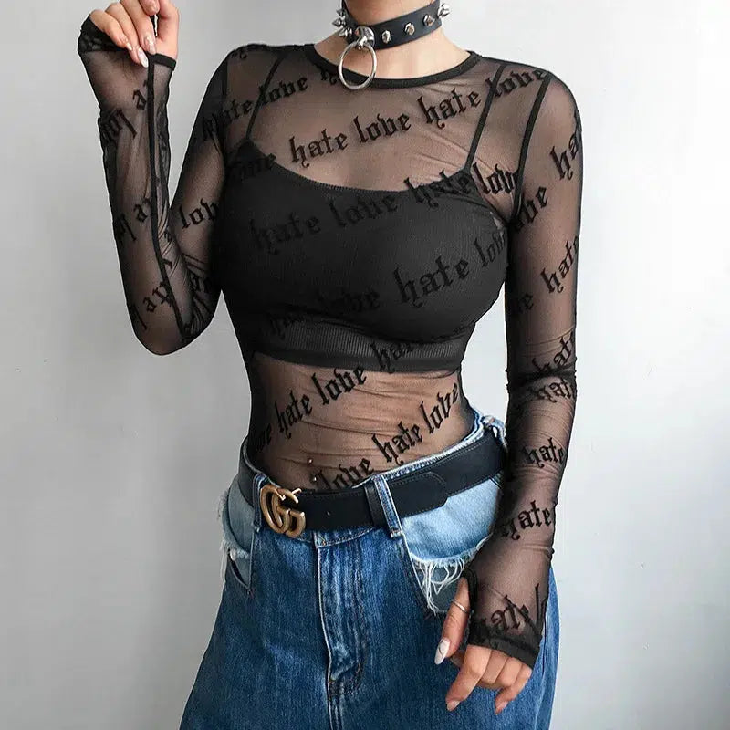 Baddie Love Hate Sheer Mesh Top - Y2K Fashion Aesthetic Essential