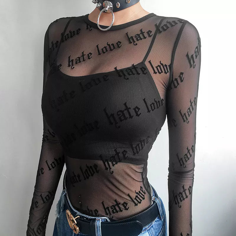 Baddie Love Hate Sheer Mesh Top - Y2K Fashion Aesthetic Essential