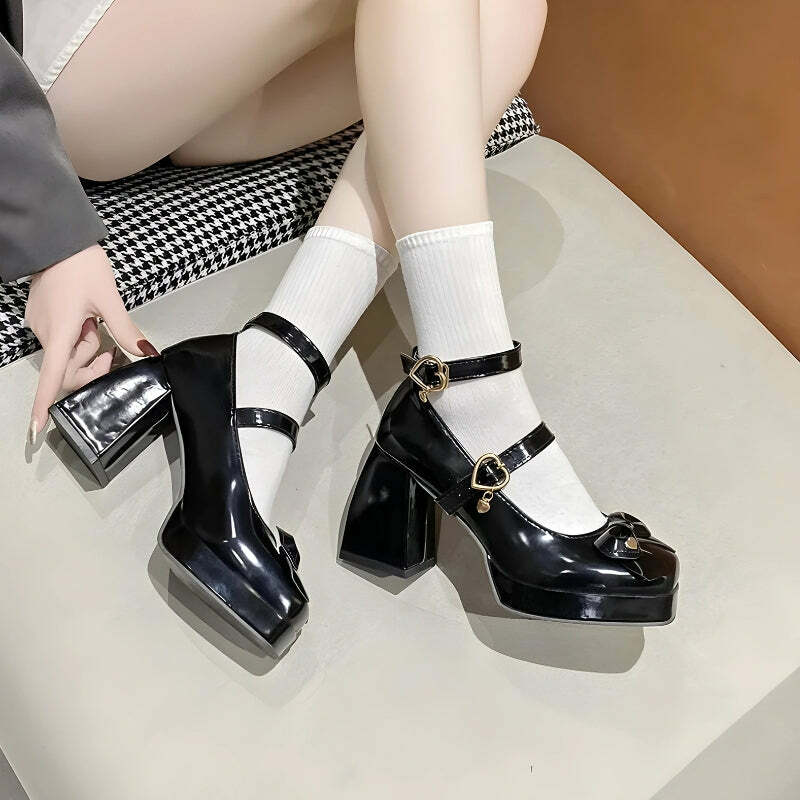 Bow & Heart Mary Jane High Heels - Y2K Fashion Statement Shoes