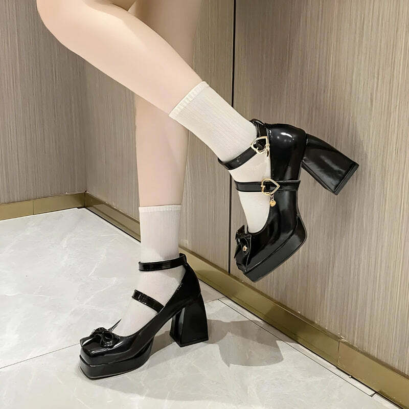 Bow & Heart Mary Jane High Heels - Y2K Fashion Statement Shoes