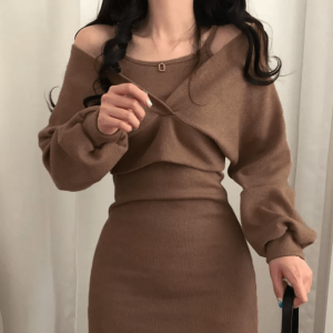 Chic Brown Knitted Mini Dress - Y2K Fashion Essential for Stylish Looks