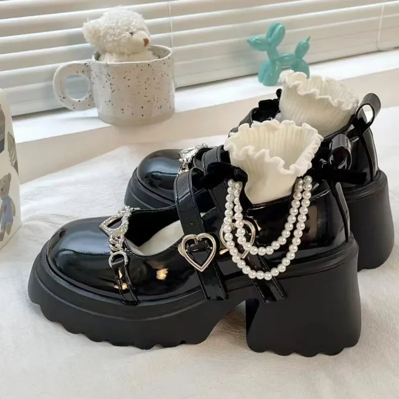 Chunky Platform Mary Jane Shoes - Y2K Fashion Heart Accessory Style