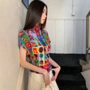 Colorful Sketchbook Pleated Top - Y2K Fashion Aesthetic for Trendy Looks