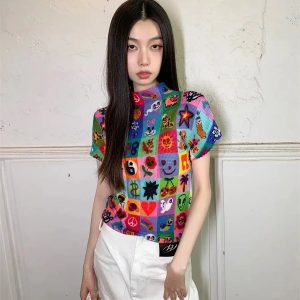 Colorful Sketchbook Pleated Top - Y2K Fashion Aesthetic for Trendy Looks