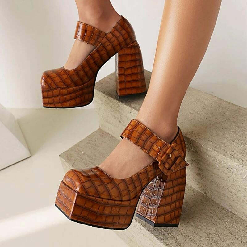 Crocodile Square Toe Platform High Heels - Y2K Fashion Statement Shoes