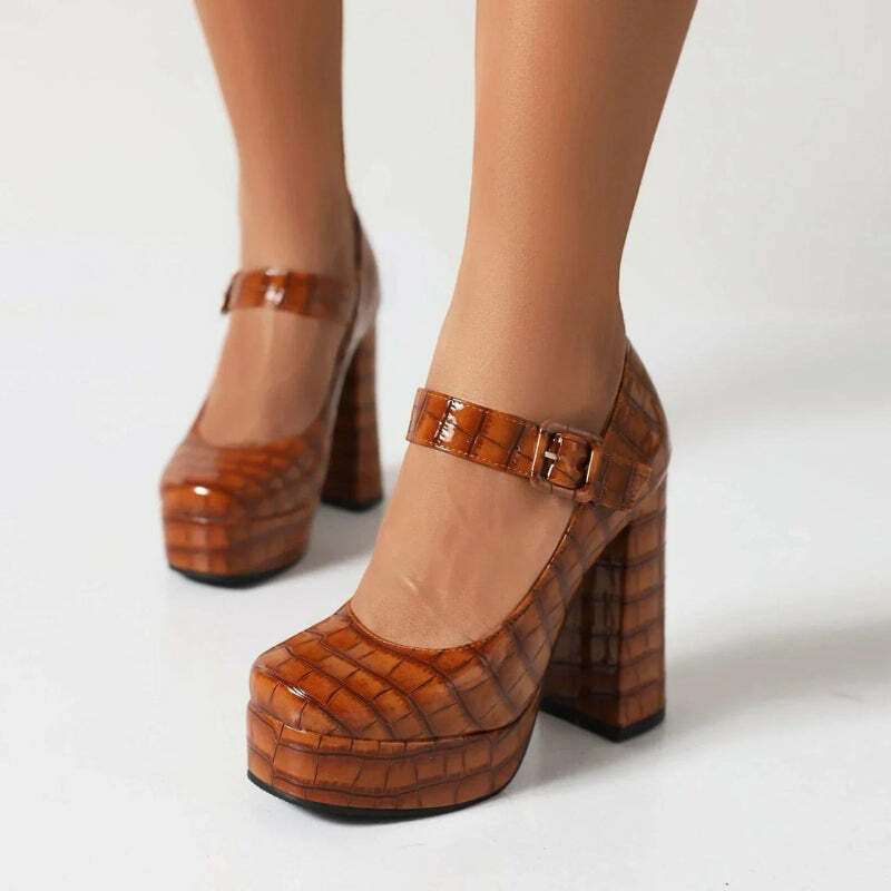 Crocodile Square Toe Platform High Heels - Y2K Fashion Statement Shoes