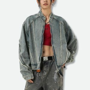 Cyber Y2K Fashion Zip-Up Denim Jacket - Retro 2000s Style Essential