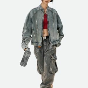 Cyber Y2K Fashion Zip-Up Denim Jacket - Retro 2000s Style Essential