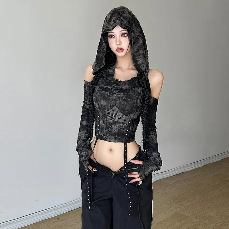 Cyber Y2K Off Shoulder Hooded Top - Trendy 2000s Fashion Aesthetic