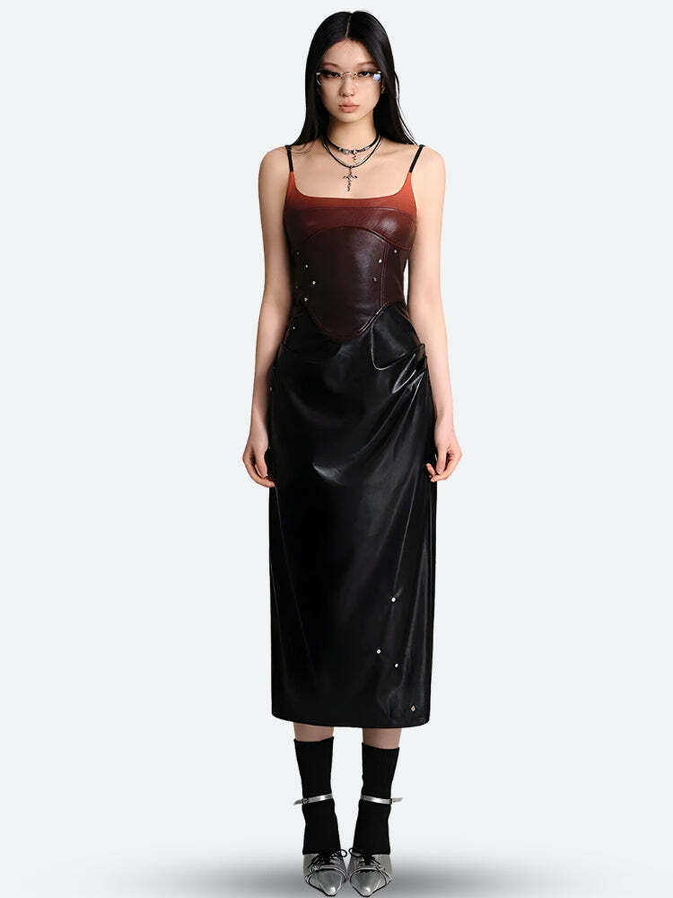 Cyberpunk Faux Leather Midi Dress - Y2K Fashion Aesthetic Outfit