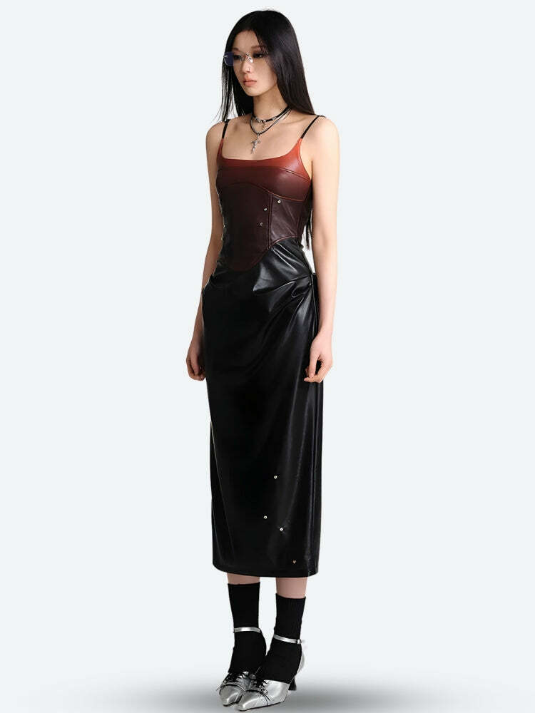 Cyberpunk Faux Leather Midi Dress - Y2K Fashion Aesthetic Outfit