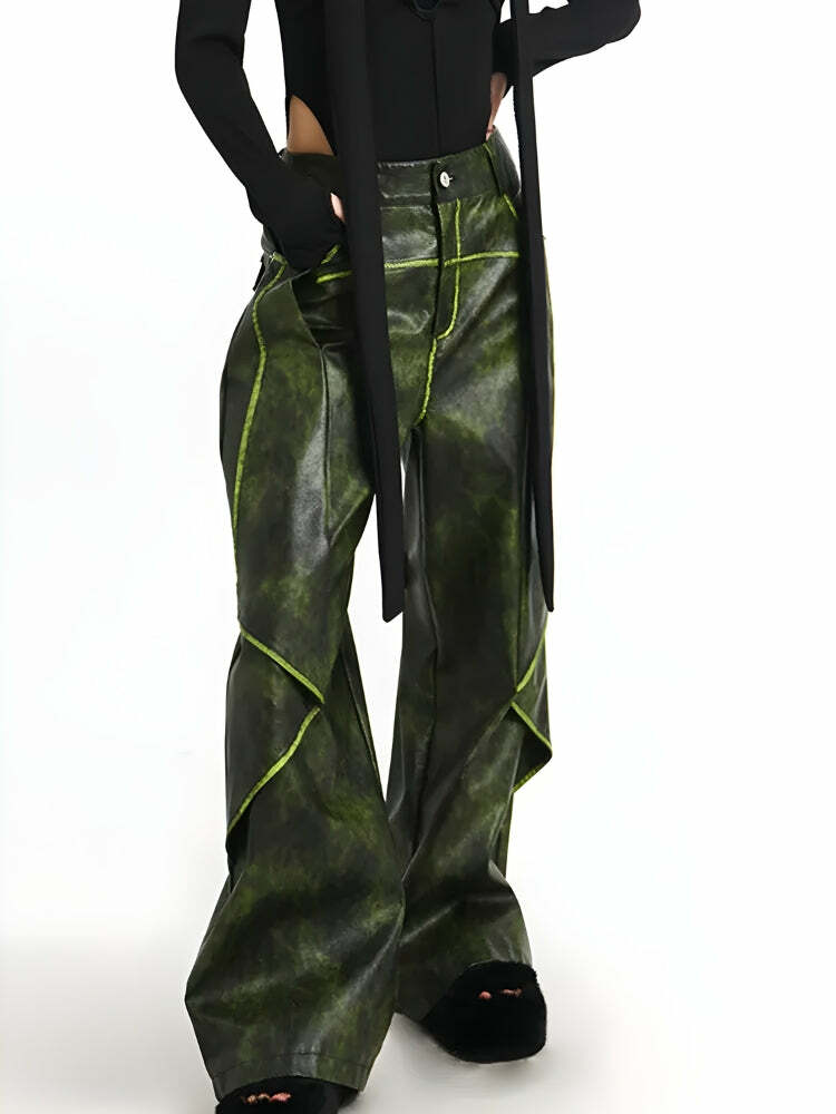 Cyberpunk Forest Faux Leather Y2K Pants - Trendy 2000s Style