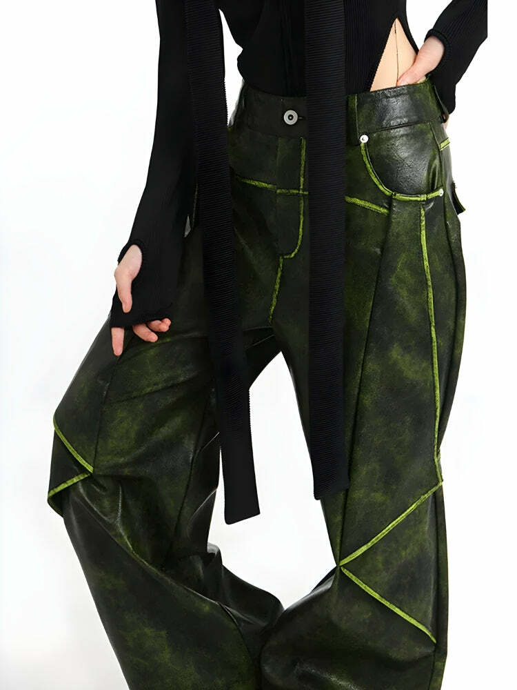 Cyberpunk Forest Faux Leather Y2K Pants - Trendy 2000s Style