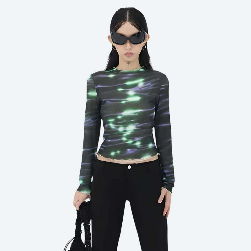 Cyberpunk Green Lights Mesh Top - Y2K Fashion Aesthetic Clothing