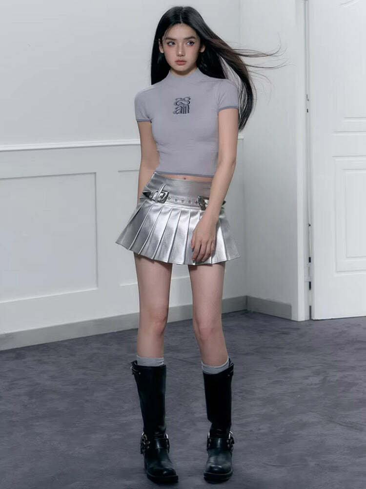 Cyberpunk Metallic Mini Skirt - Y2K Fashion Statement Piece