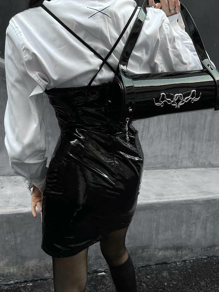 Cyberpunk Y2K Faux Patent Leather Mini Dress - 2000s Aesthetic Style