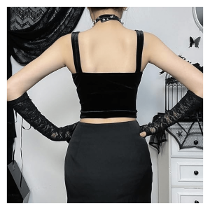 Dark Goth Velvet Crop Top - Y2K Fashion Essential for Edgy Outfits