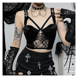 Dark Goth Velvet Crop Top - Y2K Fashion Essential for Edgy Outfits