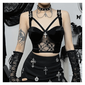 Dark Goth Velvet Crop Top - Y2K Fashion Essential for Edgy Outfits