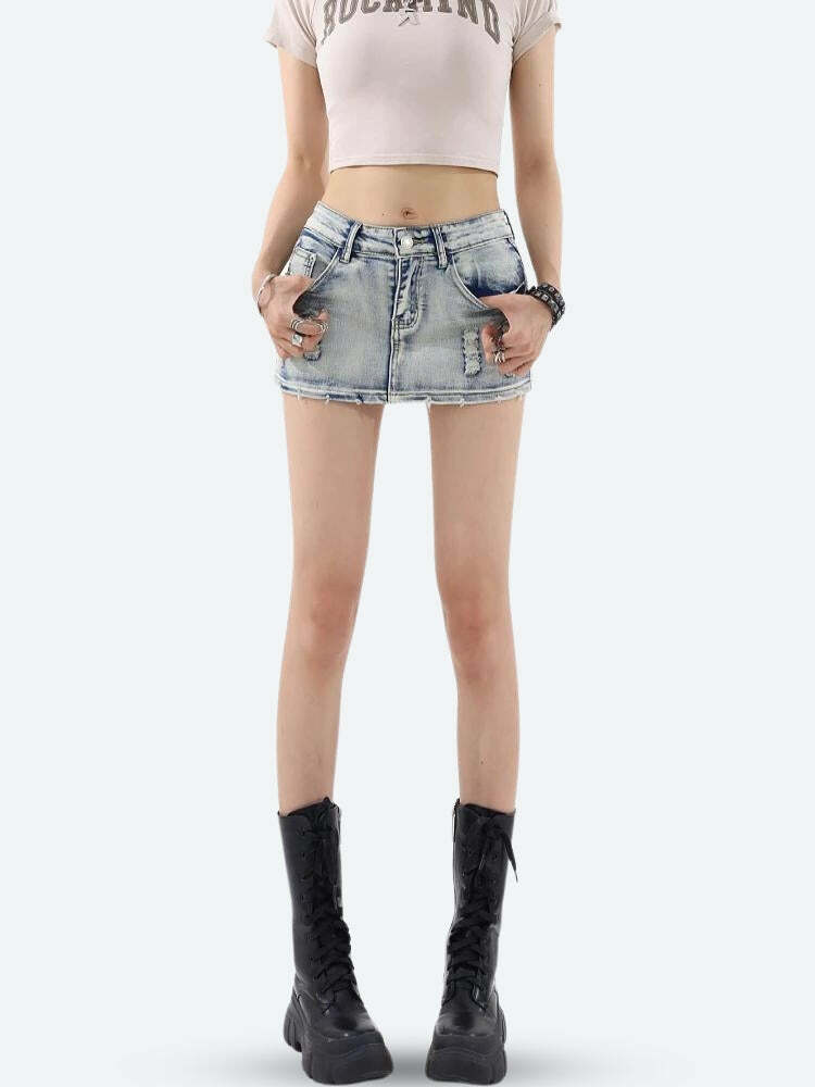 Distressed Low Rise Mini Skirt - Y2K Fashion Essential for 2000s Style