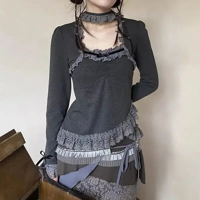 Fairy Grunge Asymmetric Lace Top - Y2K Fashion Aesthetic Essential