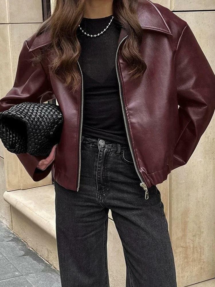 Faux Leather Burgundy Jacket - Y2K Fashion Essential for Stylish Outfits