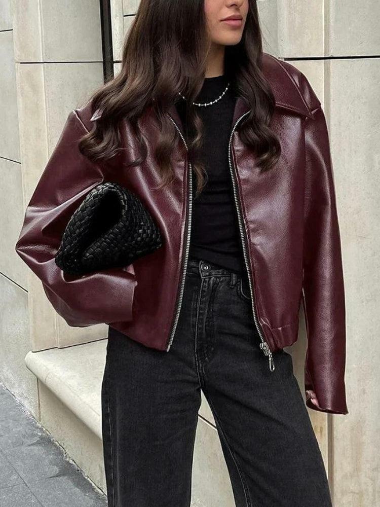 Faux Leather Burgundy Jacket - Y2K Fashion Essential for Stylish Outfits