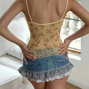 Floral Open Back Mesh Top - Y2K Fashion Aesthetic for Trendy Outfits