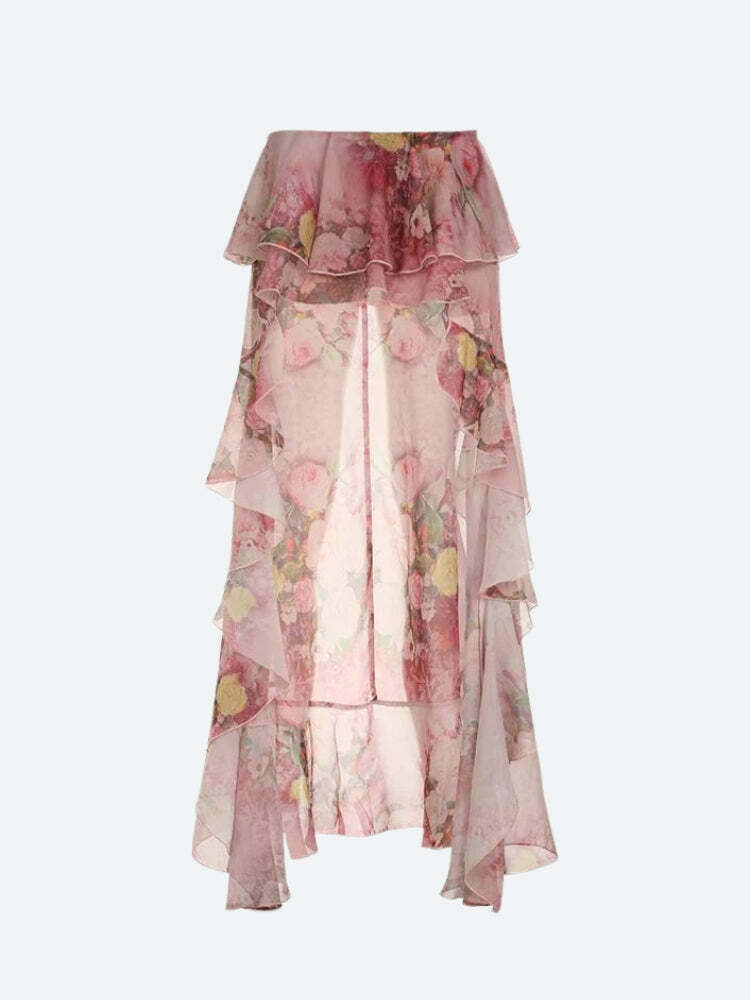 Floral Ruffled Mesh Mullet Skirt - Y2K Fashion Statement Piece