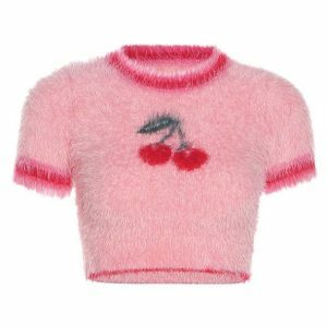 Fluffy Cherry Crop Top - Y2K Fashion Essential for Trendy Outfits