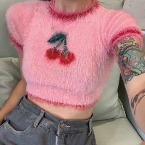 Fluffy Cherry Crop Top - Y2K Fashion Essential for Trendy Outfits