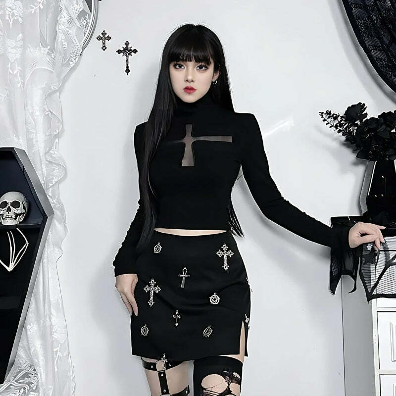 Goth Cross Cut Out Top - Y2K Fashion Aesthetic for Trendy Outfits