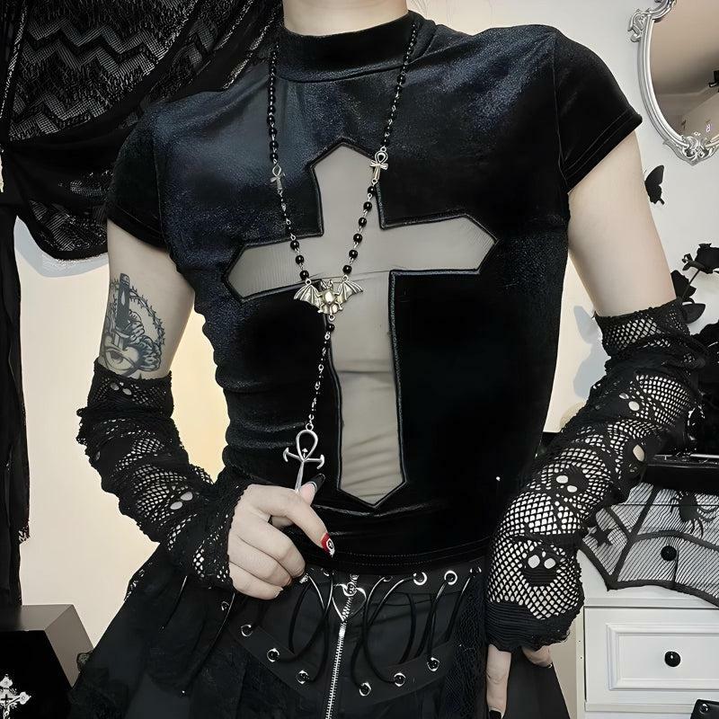 Goth Cross Cut Out Velvet Top - Y2K Fashion Aesthetic for Unique Style