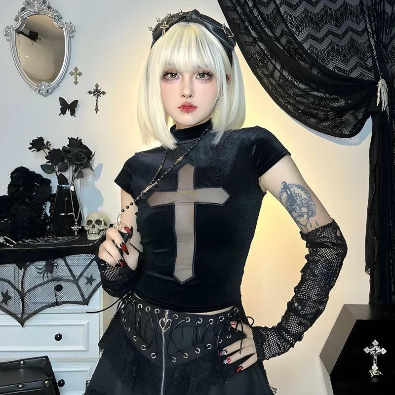 Goth Cross Cut Out Velvet Top - Y2K Fashion Aesthetic for Unique Style