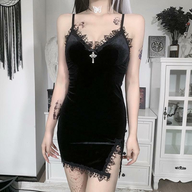 Goth Cross Detail Mini Dress - Y2K Fashion Aesthetic for Bold Style