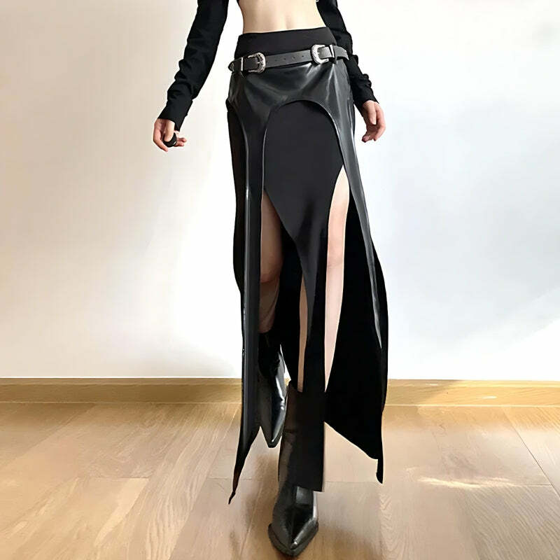 Goth Double Slit Maxi Skirt - Y2K Fashion Statement for 2000s Style