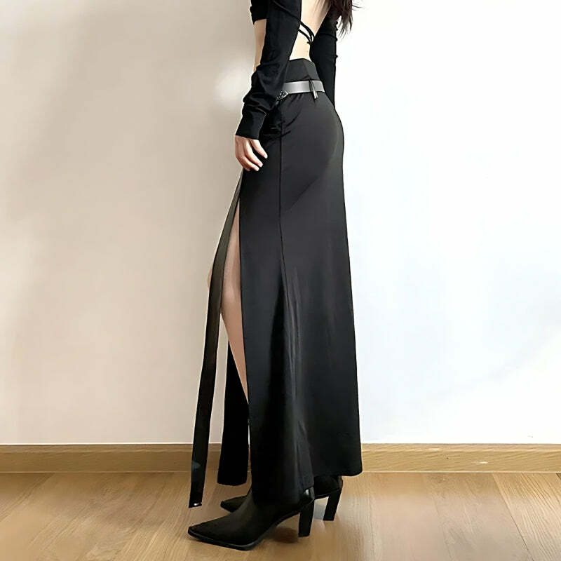 Goth Double Slit Maxi Skirt - Y2K Fashion Statement for 2000s Style