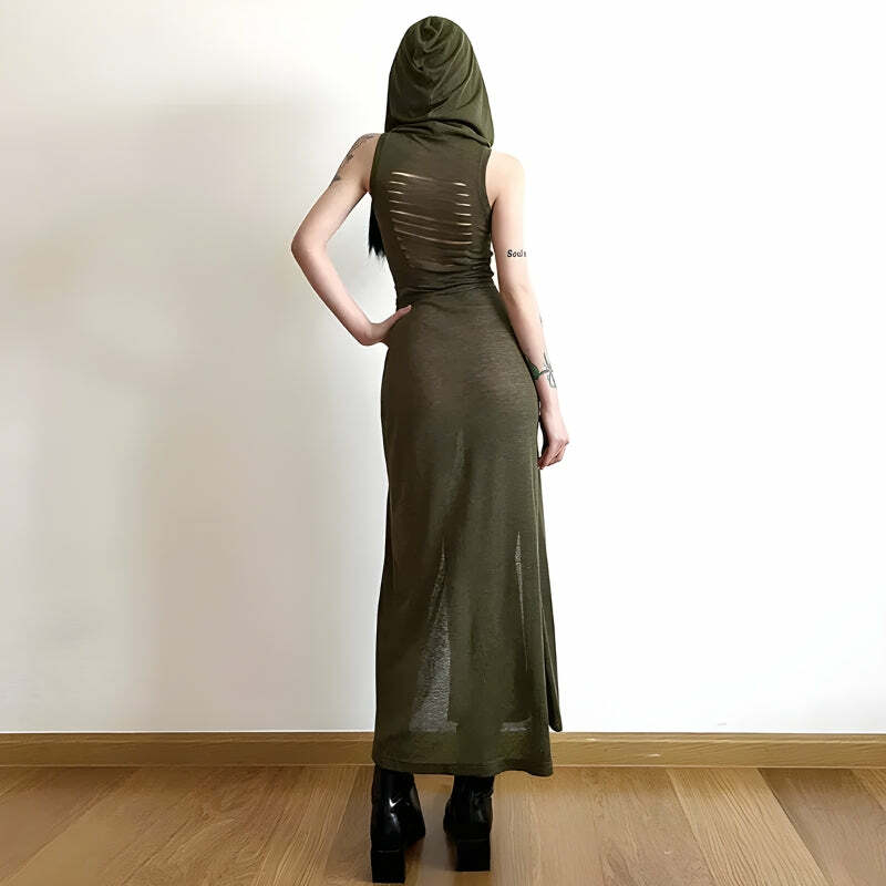 Goth Hooded Cut Out Back Midi Dress - Y2K Fashion Aesthetic Outfit