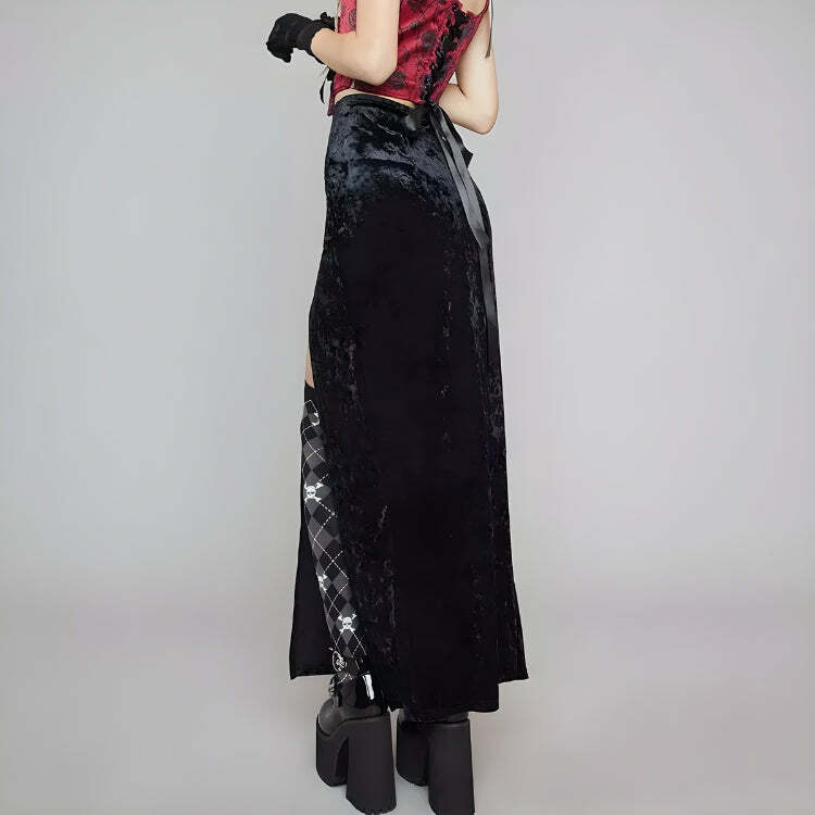 Goth Velvet High Split Midi Skirt - Y2K Fashion Statement Piece