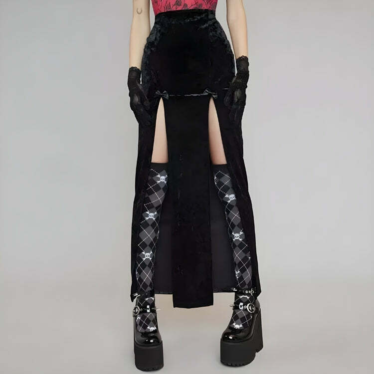 Goth Velvet High Split Midi Skirt - Y2K Fashion Statement Piece