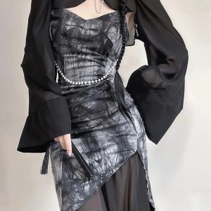 Goth Wide Sleeve Qipao Midi Dress - Y2K Fashion Inspired 2000s Style