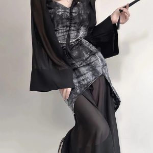 Goth Wide Sleeve Qipao Midi Dress - Y2K Fashion Inspired 2000s Style