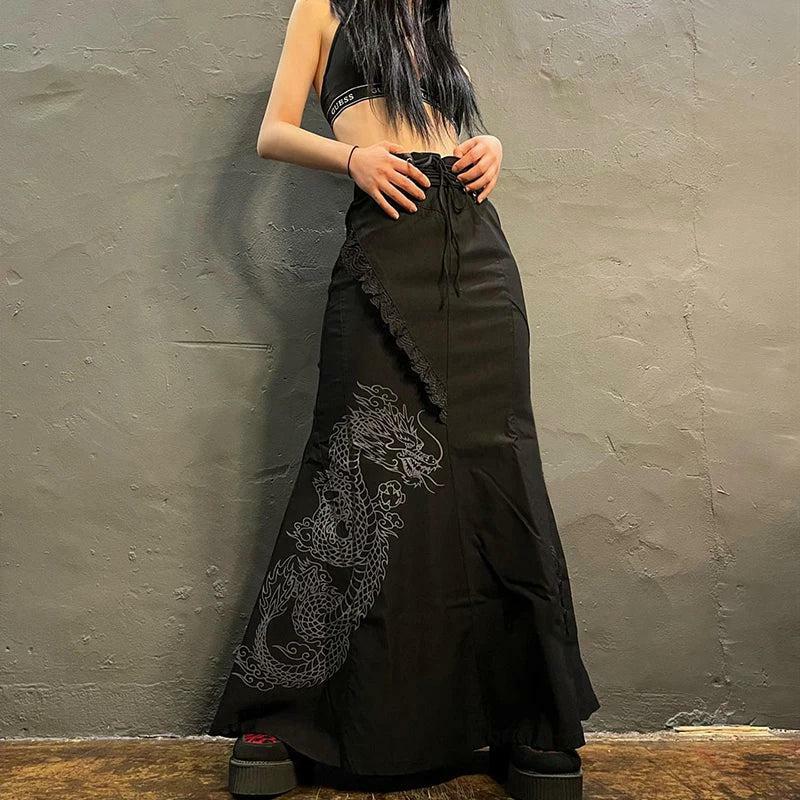 Gothic Dragon Printed Maxi Skirt - Y2K Aesthetic 2000s Fashion Trend