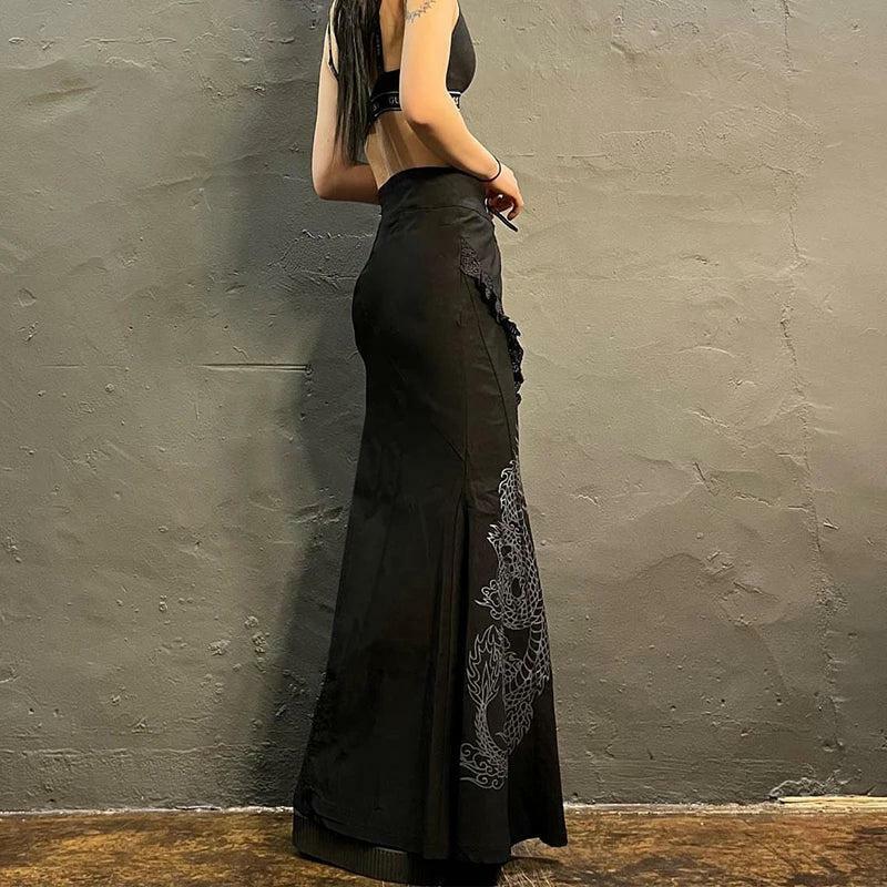 Gothic Dragon Printed Maxi Skirt - Y2K Aesthetic 2000s Fashion Trend