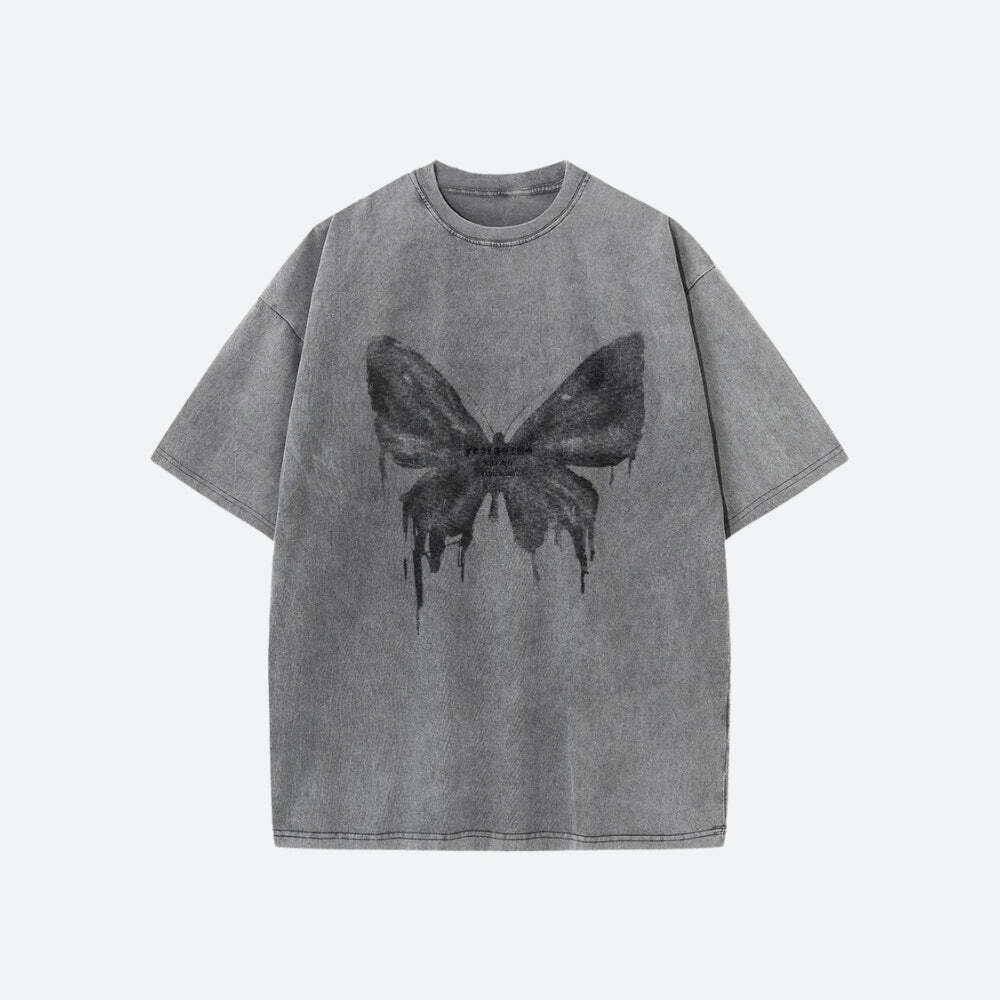 Grunge Distressed Butterfly Tee - Y2K Fashion Essential for 2000s Style