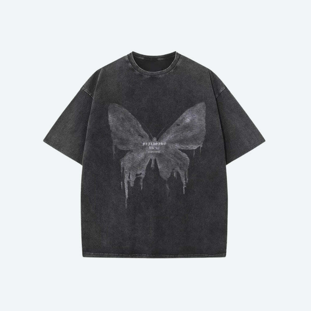 Grunge Distressed Butterfly Tee - Y2K Fashion Essential for 2000s Style